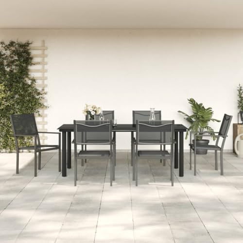 WKIEQACO 7-teiliges Garten-Esszimmer-Set aus schwarzem Stahl und TextileneOutdoor-Sets von WKIEQACO