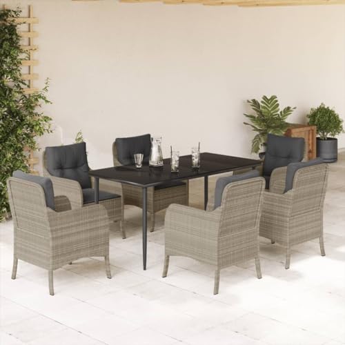 WKIEQACO 7-teiliges Garten-Esszimmer-Set mit Kissen, hellgrau, Poly-Rattan, Outdoor-Sets WKIEQACO 7-teiliges Garten-Esszimmer-Set mit Kissen, hellgrau, Poly-Rattan, Outdoor-Sets von WKIEQACO