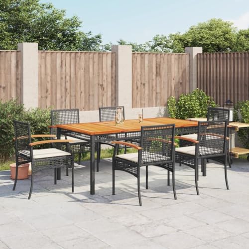 WKIEQACO 7-teiliges Garten-Esszimmer-Set mit Kissen, schwarzes Poly-Rattan, Outdoor-Sets von WKIEQACO