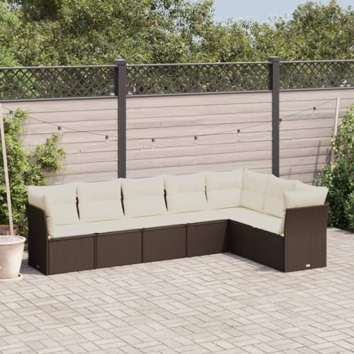 WKIEQACO 7-teiliges Gartensofa-Set mit Kissen, braun, Poly-Rattan, Outdoor-Sets von WKIEQACO