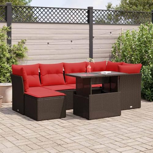 WKIEQACO 7-teiliges Gartensofa-Set mit Kissen braun Polyrattan Akazie Outdoor Sets WKIEQACO 7-teiliges Gartensofa-Set mit Kissen braun Polyrattan Akazie Outdoor Sets von WKIEQACO