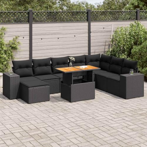 WKIEQACO 9-teiliges Gartensofa-Set mit Kissen, schwarz, Polyrattan, Akazie, Outdoor, Outdoor-Sets von WKIEQACO