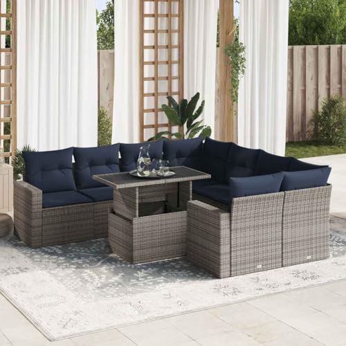 WKIEQACO 9-teiliges Gartensofa-Set mit Kissen grau Polyrattan Akazie Outdoor Sets von WKIEQACO
