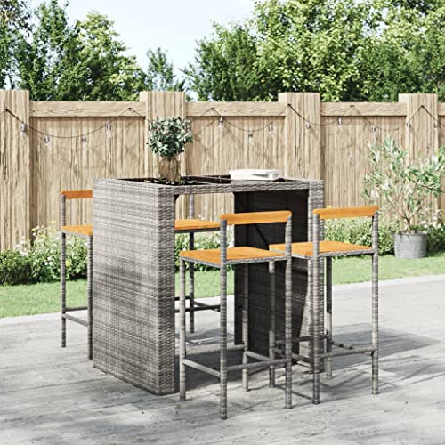 WKIEQACO Barhocker, 4 Stück, Grau, Polyrattan und Massivholz, Akazienstühle, Tisch & Barhocker von WKIEQACO