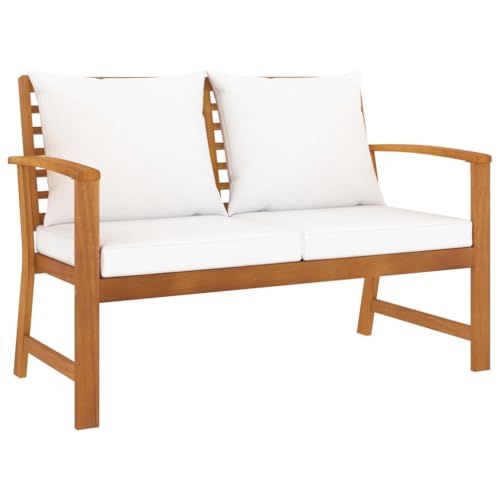 WKIEQACO Gartenbank 120 cm mit cremefarbenem Kissen Massivholz Akazie Outdoor Sitzgelegenheiten Outdoor Bänke von WKIEQACO