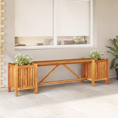 WKIEQACO Gartenbank mit 2 Pflanzgefäßen 150x30x40cm Akazienholz massiv Outdoor Sitzbank Outdoor Sitzbänke von WKIEQACO