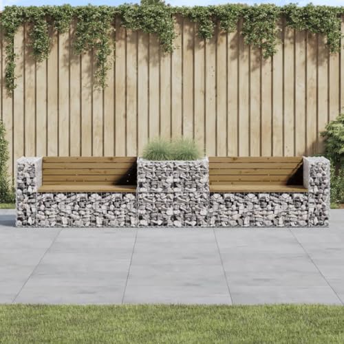 WKIEQACO Gartenbank mit Gabionenkorb, imprägniertes Kiefernholz, Outdoor-Sitzgelegenheit, Outdoor-Bänke von WKIEQACO