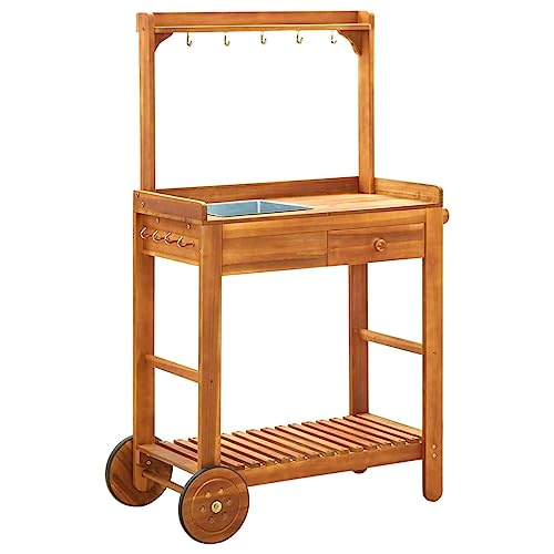 WKIEQACO Gartenküchenwagen aus massivem Akazienholz, 92 x 43,5 x 141,5 cm, Trolleys, Küchen- & Esszimmerwagen von WKIEQACO