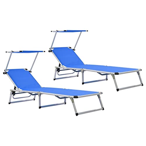 WKIEQACO Klappbare Sonnenliegen mit Dach, Aluminium und Textilene, Blau, Outdoor-Sitzliegen, 2 Stück WKIEQACO Klappbare Sonnenliegen mit Dach, Aluminium und Textilene, Blau, Outdoor-Sitzliegen, 2 Stück von WKIEQACO