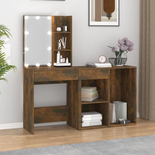 WKIEQACO LED-Schminktisch mit Schrank, Räuchereiche, Holzschränke & Aufbewahrung, Waschtisch, Schlafzimmer, Schminktische von WKIEQACO