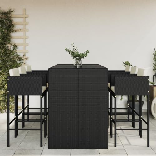 WKIEQACO Outdoor-Möbel-Set, 7-teiliges Garten-Bar-Set mit Kissen, schwarzes Polyrattan von WKIEQACO