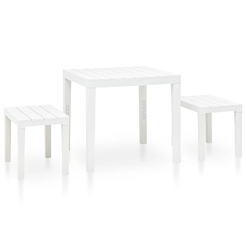 WKIEQACO Outdoor Möbel Sets Gartentisch mit 2 Bänken Kunststoff weiß von WKIEQACO