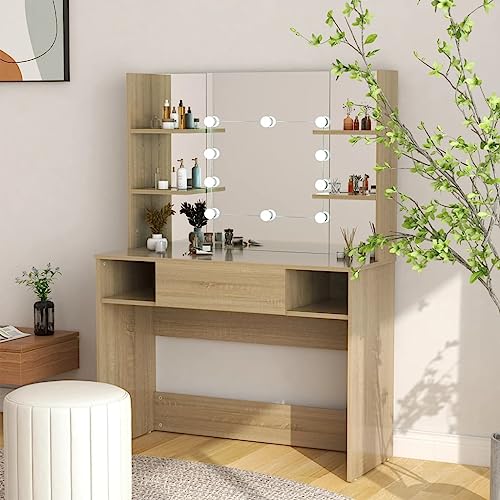 WKIEQACO Schminktisch mit LED-Lichtern, 100 x 40 x 135 cm, MDF-Eichenholz-Schränke & Aufbewahrungsschränke, Schminktische für Schlafzimmer WKIEQACO Schminktisch mit LED-Lichtern, 100 x 40 x 135 cm, MDF-Eichenholz-Schränke & Aufbewahrungsschränke, Schminktische für Schlafzimmer von WKIEQACO