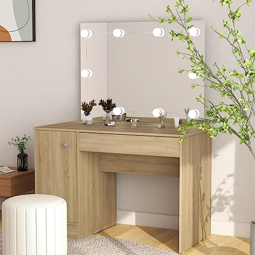WKIEQACO Schminktisch mit LED-Lichtern, 110 x 55 x 145 cm, MDF, Eichenholz-Schränke, Aufbewahrungsschränke, Schlafzimmer-Schminktische WKIEQACO Schminktisch mit LED-Lichtern, 110 x 55 x 145 cm, MDF, Eichenholz-Schränke, Aufbewahrungsschränke, Schlafzimmer-Schminktische von WKIEQACO