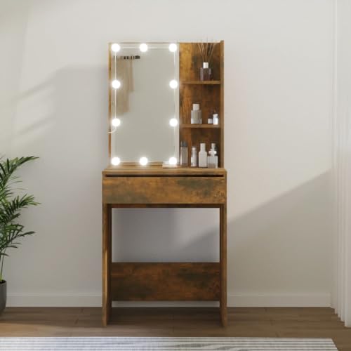 WKIEQACO Schränke und Aufbewahrung, Waschtische, Schlafzimmer-Schminktische, Schminktisch mit LED, Raucheiche, 60 x 40 x 140 cm von WKIEQACO
