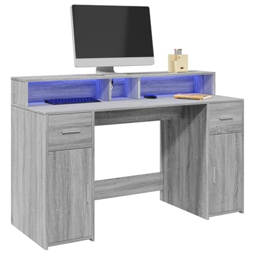 WKIEQACO Schreibtisch mit LED-Lichtern, Grau, Sonoma, 140 x 55 x 91 cm, Holzwerkstoff, Büroschreibtische WKIEQACO Schreibtisch mit LED-Lichtern, Grau, Sonoma, 140 x 55 x 91 cm, Holzwerkstoff, Büroschreibtische von WKIEQACO