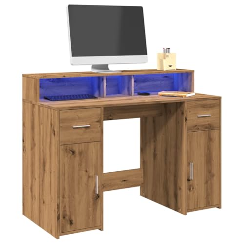 WKIEQACO Schreibtisch mit LED-Lichtern, künstliches Eichenholz, 120 x 55 x 91 cm, Büroschreibtische von WKIEQACO