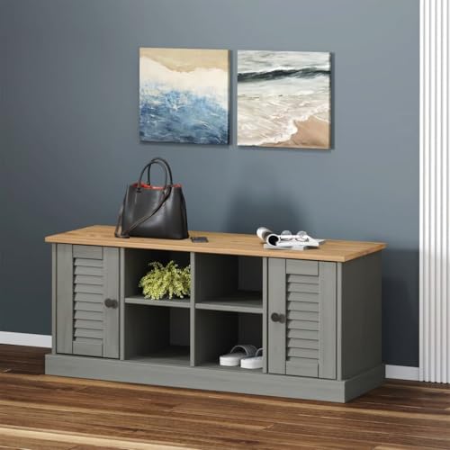 WKIEQACO Schuhbank VIGO Grau 106x35x45cm Massivholz Kiefer Sitzbänke Aufbewahrung & Eingangsbänke von WKIEQACO