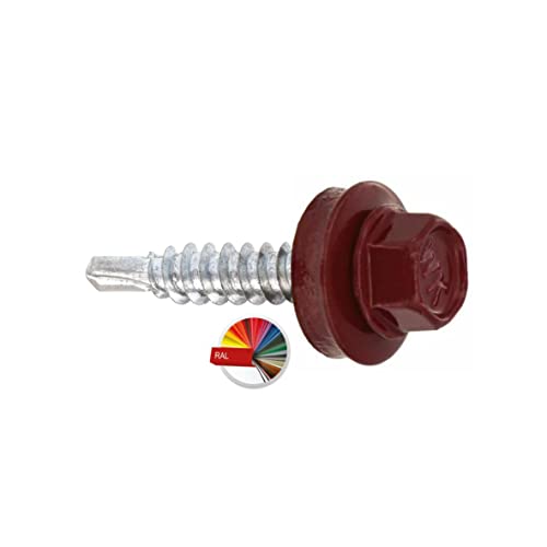 PRITEX Bohrschrauben mit EPDM-Unterlegscheibe 4,8 x 19 mm, 250 Stück, RAL: 3005 (Weinrot), verzinkt, für Trapezblech von PRITEX