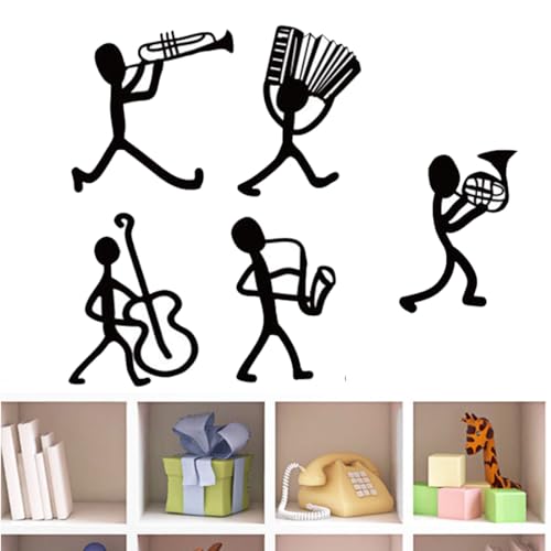 WKRTDY Musikband Wandtattoos (5 Stück) – Schwarze Wanddekoration für Büro, Wohnzimmer, Esszimmer und Küche – Noten, Drum-Prints, tanzende Figuren – Abnehmbare Musik-Sticker von WKRTDY