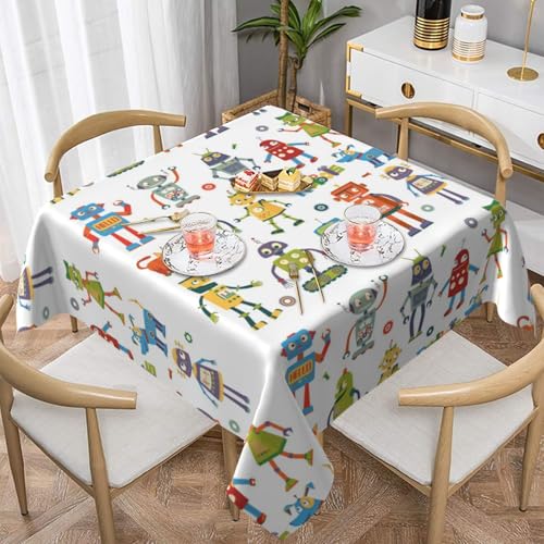 Auslaufsichere, quadratische Tischdecke, 137 x 137 cm, dekorative Esszimmerdecke für Partys, Hochzeiten und Veranstaltungen im Freien, niedliche Cartoon-Roboter-Tischdecken, knitterfreie von WKSGDSG