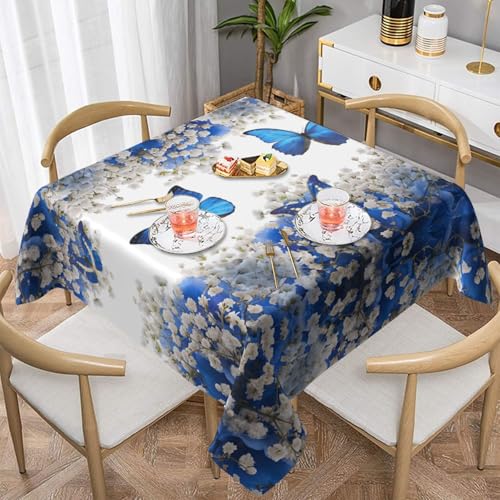Farmhouse-Tischdecken für quadratische Tische, blaue Schmetterlinge, weiße Blumen, Tischdecke für drinnen und draußen, abwischbar, waschbar, weiche Polyester-Tischdecke für Küche, Party, Bankett von WKSGDSG