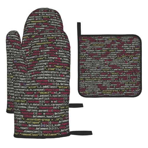 Hitzebeständige Ofenhandschuhe Set, Programmierer Programmiercode Topflappen Set zum Backen Grillen, 3 Stück Küchenhandschuhe, Wasserdicht Topflappen Untersetzer zum Backen Grillen, Wärmeisolierende von WKSGDSG