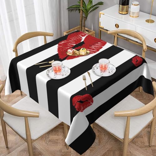Quadratische Tischdecke, 137 x 137 cm, dekorative Esszimmerdecke für Partys, Hochzeiten und Veranstaltungen im Freien, rote Mündung, schwarz-weiße Streifen, knitterfreie Polyester-Tischwäsche für Quadratische Tischdecke, 137 x 137 cm, dekorative Esszimmerdecke für Partys, Hochzeiten und Veranstaltungen im Freien, rote Mündung, schwarz-weiße Streifen, knitterfreie Polyester-Tischwäsche für von WKSGDSG