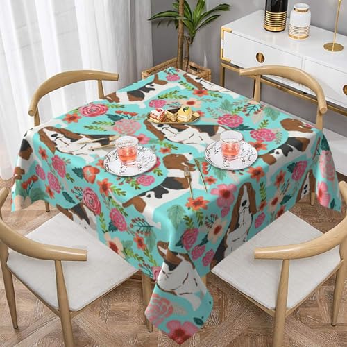 Quadratische Tischdecke, 137 x 137 cm, dekorative Esszimmerdecke für Partys, Hochzeiten und Veranstaltungen im Freien, süße Basset Hound-Blumen-Tischdecken, knitterfreie Polyester-Tischwäsche für von WKSGDSG