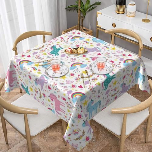 WKSGDSG Auslaufsichere, quadratische Tischdecke, 137 x 137 cm, dekorative Esszimmerdecke für Partys, Hochzeiten und Veranstaltungen im Freien, Einhörner-Tischdecken, knitterfreie Polyester-Tischwäsche von WKSGDSG