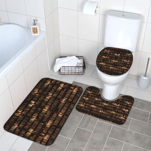 WKSGDSG Badezimmerteppich-Set, 3-teilig, Plüsch-Fußmatte mit U-förmigem WC-Vorleger und O-förmigem Deckelbezug, Bibliotheks-Bücherregal, Bücherbereich, Teppich, 40 x 60 cm, Flanell, zottelig von WKSGDSG