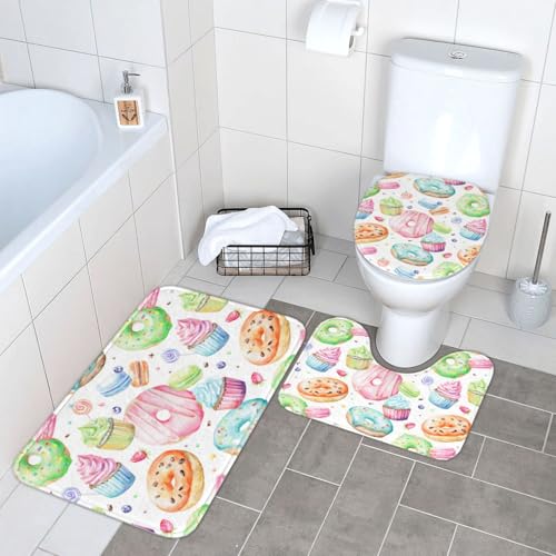 WKSGDSG Badezimmerteppich-Set, 3-teilig, Plüsch-Fußmatte mit U-förmigem WC-Vorleger und O-förmigem Deckelbezug, Cupcake-Donuts, Teppich, 40 x 60 cm, Flanell, zottelig, saugfähig, Bodenmatten für von WKSGDSG
