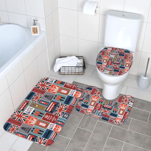 WKSGDSG Badezimmerteppich-Set, 3-teilig, Plüsch-Fußmatte mit U-förmigem WC-Vorleger und O-förmigem Deckelbezug, England-Symbole, Teppich, 40 x 60 cm, Flanell, zottelig, saugfähig, Fußmatten für von WKSGDSG