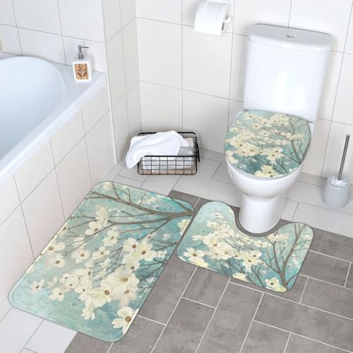 WKSGDSG Badezimmerteppich-Set, 3-teilig, Plüsch-Fußmatte mit U-förmigem WC-Vorleger und O-förmigem Deckelbezug, Frühlings-Hartriegelblüten, Teppich, 40 x 60 cm, Flanell, zottelig, saugfähig von WKSGDSG