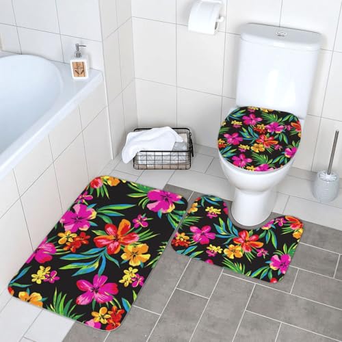 WKSGDSG Badezimmerteppich-Set, 3-teilig, Plüsch-Fußmatte mit U-förmigem WC-Vorleger und O-förmigem Deckelbezug, Hawaii-Blumen-Vorleger, 40 x 60 cm, Flanell, zottelig, saugfähig, Bodenmatten für von WKSGDSG