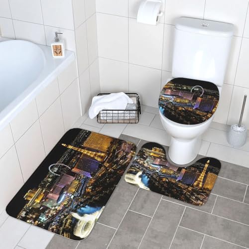 WKSGDSG Badezimmerteppich-Set, 3-teilig, Plüsch-Fußmatte mit U-förmigem WC-Vorleger und O-förmigem Deckelbezug, Las Vegas Nachtsicht-Teppich, 40 x 60 cm, Flanell, zottelig, saugfähig, Bodenmatten für von WKSGDSG