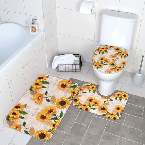 WKSGDSG Badezimmerteppich-Set, 3-teilig, Plüsch-Fußmatte mit U-förmigem WC-Vorleger und O-förmigem Deckelbezug, Sonnenblumen-Teppich, 40 x 60 cm, Flanell, zottelig, saugfähig, Fußmatten für Badewanne von WKSGDSG