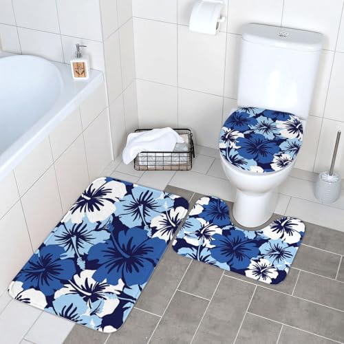 WKSGDSG Badezimmerteppich-Set, 3-teilig, Plüsch-Fußmatte mit U-förmigem WC-Vorleger und O-förmigem Deckelbezug, blauer Hibiskus-Teppich, 40 x 60 cm, Flanell, zottelig, saugfähig, Bodenmatten für von WKSGDSG
