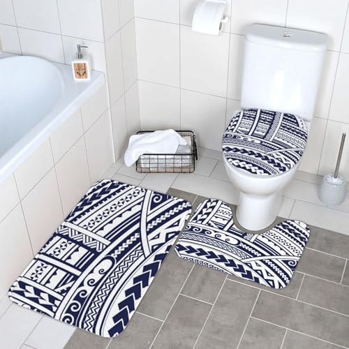 WKSGDSG Badezimmerteppich-Set, 3-teilig, Plüsch-Fußmatte mit U-förmigem WC-Vorleger und O-förmigem Deckelbezug, blauer polynesischer Maori-Stammes-Teppich, 40 x 60 cm, Flanell, zottelig, saugfähig von WKSGDSG