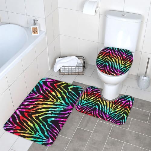 WKSGDSG Badezimmerteppich-Set, 3-teilig, Plüsch-Fußmatte mit U-förmigem WC-Vorleger und O-förmigem Deckelbezug, buntes Regenbogen-Zebra-Teppich, 40 x 60 cm, Flanell, zottelig, saugfähig, Bodenmatten von WKSGDSG