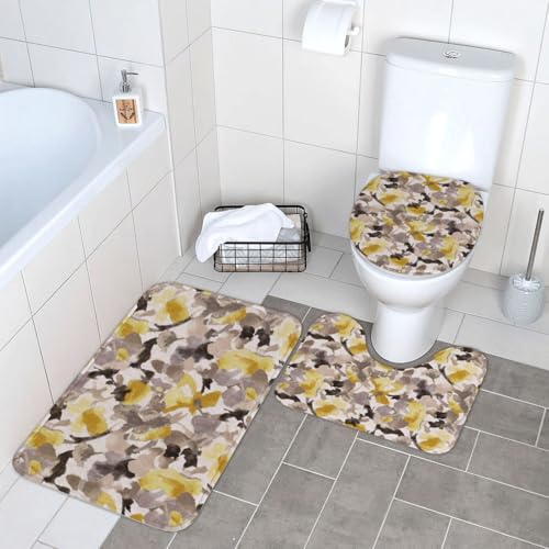 WKSGDSG Badezimmerteppich-Set, 3-teilig, Plüsch-Fußmatte mit U-förmigem WC-Vorleger und O-förmigem Deckelbezug, gelb-grauer Blumenteppich, 40 x 60 cm, Flanell, zottelig, saugfähig, Bodenmatten für von WKSGDSG