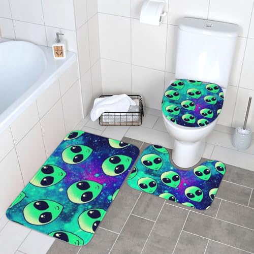 WKSGDSG Badezimmerteppich-Set, 3-teilig, Plüsch-Fußmatte mit U-förmigem WC-Vorleger und O-förmigem Deckelbezug, grüner Aliens-Teppich, 40 x 60 cm, Flanell, zottelig, saugfähig, Fußmatten für Badewanne von WKSGDSG