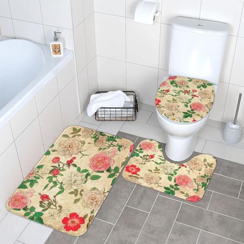WKSGDSG Badezimmerteppich-Set, 3-teilig, Plüsch-Fußmatte mit U-förmigem WC-Vorleger und O-förmigem Deckelbezug, rot-weiße Pfingstrosen, Teppich, 40 x 60 cm, Flanell, zottelig, saugfähig, Bodenmatten von WKSGDSG