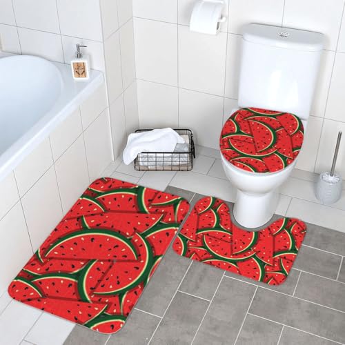 WKSGDSG Badezimmerteppich-Set, 3-teilig, Plüsch-Fußmatte mit U-förmigem WC-Vorleger und O-förmigem Deckelbezug, roter Wassermelonen-Teppich, 40 x 60 cm, Flanell, zottelig, saugfähig, Bodenmatten für von WKSGDSG