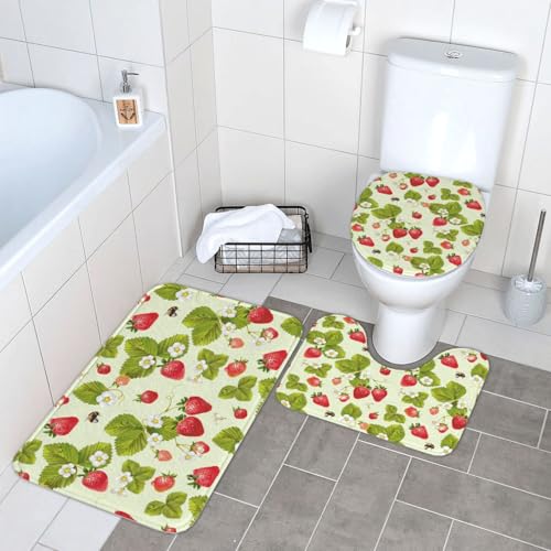WKSGDSG Badezimmerteppich-Set, 3-teilig, Plüsch-Fußmatte mit U-förmigem WC-Vorleger und O-förmigem Deckelbezug, schöner Erdbeer-Teppich, 40 x 60 cm, Flanell, zottelig, saugfähig, Bodenmatten für von WKSGDSG