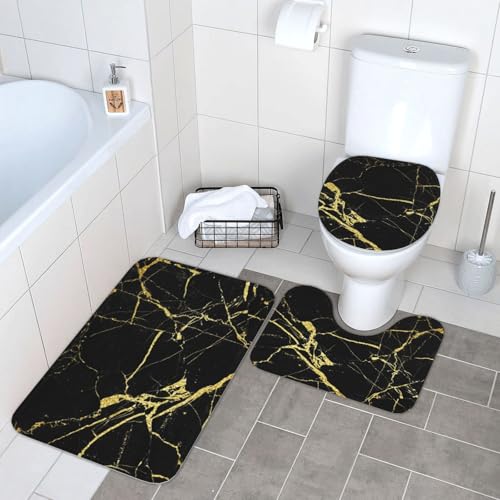 WKSGDSG Badezimmerteppich-Set, 3-teilig, Plüsch-Fußmatte mit U-förmigem WC-Vorleger und O-förmigem Deckelbezug, schwarz-goldener Marmor-Teppich, 40 x 60 cm, Flanell, zottelig, saugfähig, Bodenmatten von WKSGDSG