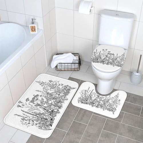 WKSGDSG Badezimmerteppich-Set, 3-teilig, Plüsch-Fußmatte mit U-förmigem WC-Vorleger und O-förmigem Deckelbezug, schwarz-weiße Blumen, 40 x 60 cm, Flanell, zottelig, saugfähig, Bodenmatten für WKSGDSG Badezimmerteppich-Set, 3-teilig, Plüsch-Fußmatte mit U-förmigem WC-Vorleger und O-förmigem Deckelbezug, schwarz-weiße Blumen, 40 x 60 cm, Flanell, zottelig, saugfähig, Bodenmatten für von WKSGDSG