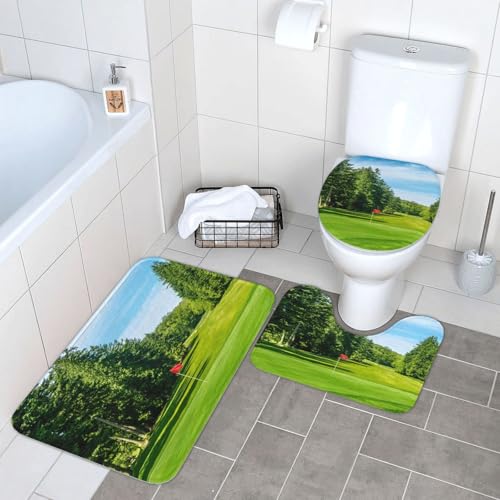 WKSGDSG Badezimmerteppich-Set, 3-teilig, Plüsch-Fußmatte mit U-förmiger WC-Vorleger und O-förmigem Deckelbezug, Golfplatz-Rasen-Teppich, 40 x 60 cm, Flanell, zottelig, saugfähig, Bodenmatten für von WKSGDSG