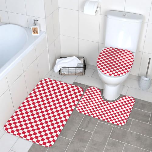 WKSGDSG Badezimmerteppich-Set, 3-teilig, rutschfeste Plüsch-Fußmatte mit U-förmigem WC-Vorleger und O-förmigem Deckelbezug, rot-weiße Raster, Teppich, 40 x 60 cm, Flanell, zottelig, saugfähig von WKSGDSG