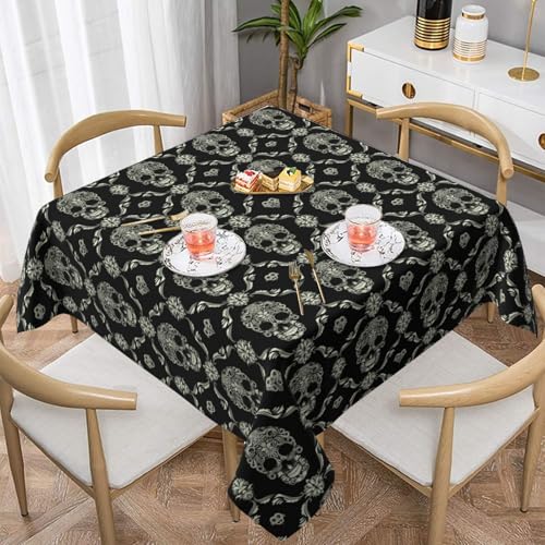 WKSGDSG Farmhouse-Tischdecken für quadratische Tische, Blumen-Totenkopf-Tischdecken für drinnen und draußen, abwischbar, waschbar, weiche Polyester-Tischdecke für Küche, Party, Bankett, Heimdekoration von WKSGDSG
